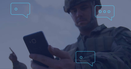 Image of ai data processing over caucasian soldier using smartphone. Global artificial intelligence,...