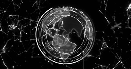Image of globe with connections and data processing over black background. Global artificial intelligence, connections, computing and data processing concept digitally generated image.の写真素材
