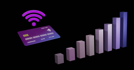 Image of credit card with wifi icon and graph on black background. Finances, business, computing and digital interface concept digitally generated image.の写真素材
