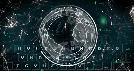 Image of globe with data processing over black background. Global artificial intelligence, connections, computing and data processing concept digitally generated image.の写真素材