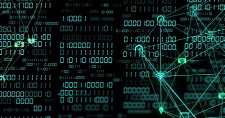 Image of globe with binary coding and data processing over dark background. Global artificial intelligence, connections, computing and data processing concept digitally generated image.の写真素材