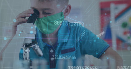 Image of data processing over caucasian schoolboy with face mask using microscope. global education,...