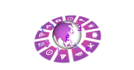 Image of globe with icons and currency symbols on white background. Communication, finances, computing, connections and digital interface concept digitally generated image.の写真素材