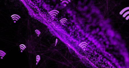 Image of wifi icons over light spots and network of connections on black background. Communication, connections and digital interface concept digitally generated image.の写真素材
