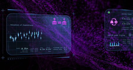 Image of financial data processing over purple spots on black background. Finances, business, computing and digital interface concept digitally generated image.の写真素材