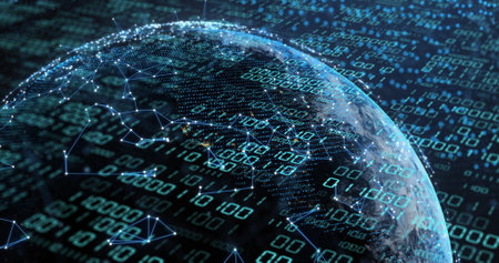 Image of globe with binary coding and data processing over dark background. Global artificial intelligence, connections, computing and data processing concept digitally generated image.の写真素材