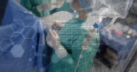 Image of scientific data processing over diverse surgeons in hospital. Global medicine, science, data processing and digital interface concept digitally generated image.の写真素材