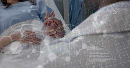 Image of scientific data over diverse male doctor and patient in hospital. Global medicine, science,...