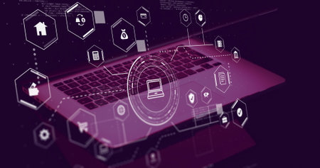 Image of connections with business icons and data processing over laptop. Finances, business, communication, computing and digital interface concept digitally generated image.の写真素材