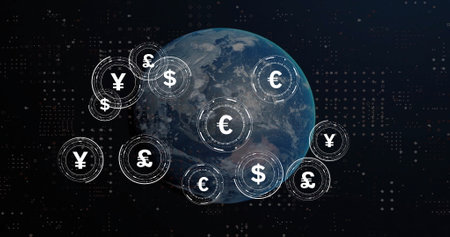 Image of globe with currency symbols over spots on black background. Finances, connections and digital interface concept digitally generated image.の写真素材