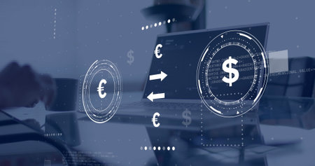 Image of currency symbols with data processing over african american businessman using laptop. Finances, business, communication, computing and digital interface concept digitally generated image.の写真素材