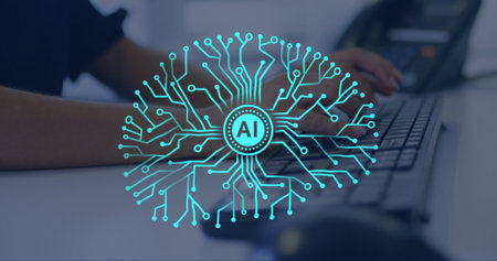 Image of brain and ai data processing over caucasian woman using computer. Global artificial...