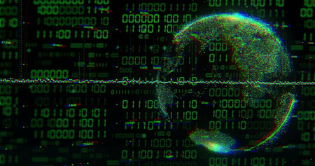 Image of globe with binary coding and data processing over dark background. Global artificial intelligence, connections, computing and data processing concept digitally generated image.の写真素材