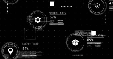 Image of icons and data processing over black background. Global artificial intelligence, connections, computing and data processing concept digitally generated image.の写真素材