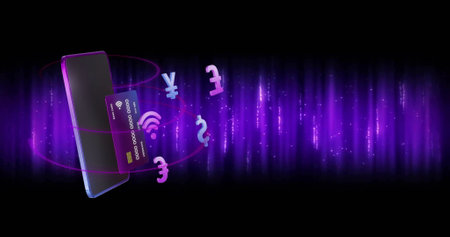Image of smartphone and credit card with currency icons over light trails on black background. Finances, business, communication and digital interface concept digitally generated image.の写真素材