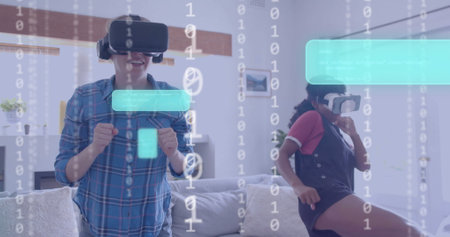 Image of binary coding data processing over diverse women using vr headsets. Global artificial...