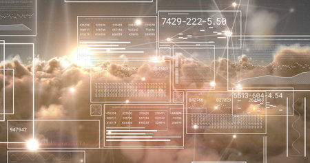 Image of digital data processing and networks over clouds. Global digital interface, networks and data processing concept digitally generated image.の写真素材