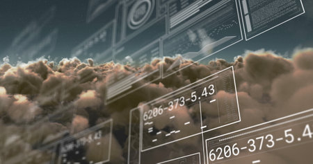 Image of digital data processing over clouds. Global digital interface, networks and data processing...