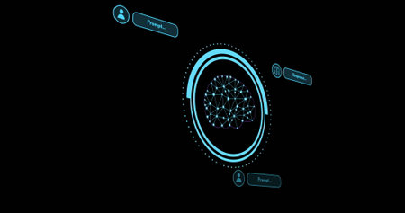 Image of human brain and ai data processing over black background. Global artificial intelligence,...