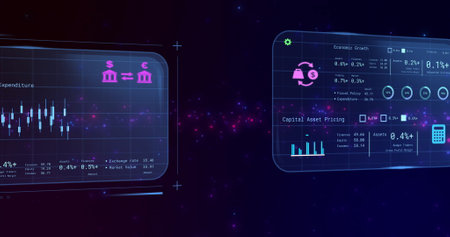 Analyzing financial data on digital screens with graphs and charts in modern interface. Finance,...