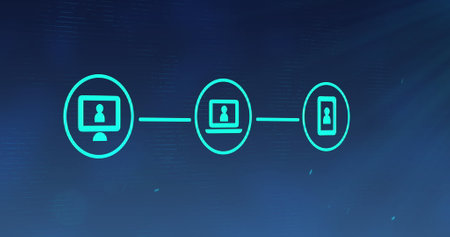 Connecting devices, icons of desktop, laptop, and smartphone in digital network. Technology,...