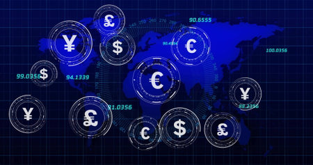 Image of currency symbols with data processing over world map on black background. Finances, connections and digital interface concept digitally generated image.の写真素材