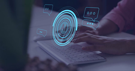 Image of ai data processing over caucasian man typing on computer. Global artificial intelligence,...