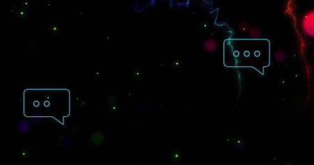 Image of ai data processing in speech bubbles over black background. Global artificial intelligence, data processing, computing and digital interface concept digitally generated image.の写真素材