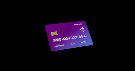 Contactless bank card with chip and numbers floating on black background. Finance, banking,...