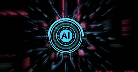 Image of ai data processing over black background. Global artificial intelligence, data processing, computing and digital interface concept digitally generated image.の写真素材