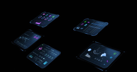 Digital financial data displayed on futuristic holographic screens in dark setting. Finance, technology, innovation, modernの写真素材