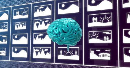 Artificial intelligence concept with digital brain analyzing image data on screens. technology, data analysis, machine learning, innovation, futurism, neural networksの写真素材