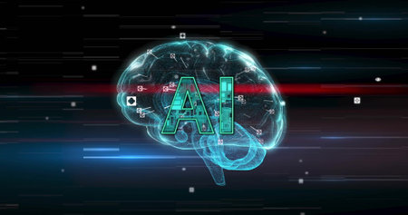 Image of ai text over digital brain spinning. Business, technology and digital interface concept digitally generated image.の写真素材