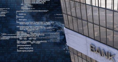 Digital code overlaying bank building, representing fintech and cybersecurity. banking, technology, finance, encryptionの写真素材