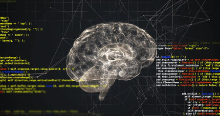 Image of data processing over digital brain spinning. Business, technology and digital interface...