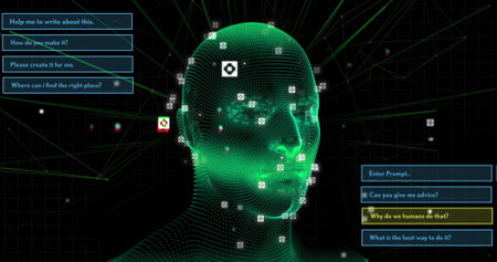 Image of data processing over digital human with icons. Business, technology and digital interface...