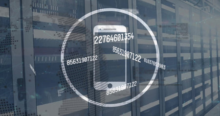 Digital phone numbers overlaying server racks, representing data security in finance. Cybersecurity,...