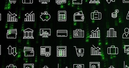 Finance-related icons including graphs, calculators, and wallets on digital background. money, banking, investment, economy, currency, analyticsの写真素材
