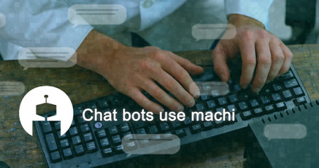Image of ai text, chat bot and data processing over caucasian man using laptop. Global artificial...