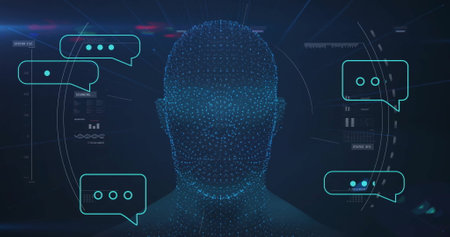 Image of data processing over digital human with speech bubbles. Business, technology and digital interface concept digitally generated image.の写真素材