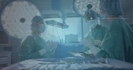 Image of scientific data processing over diverse surgeons in hospital. Global medicine, science, data processing and digital interface concept digitally generated image.の写真素材