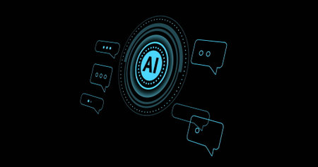 Image of text and ai data processing over black background. Global artificial intelligence, data...