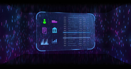 Digital financial dashboard displaying analytics and data in futuristic interface. Technology,...