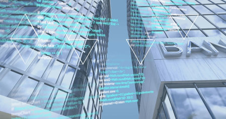 Digital code overlaying office buildings, representing financial technology innovation. Fintech, finance, future, cityscape, skyscraper, dataの写真素材