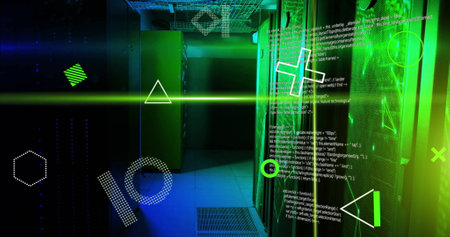 Image of rotating shapes, green scanner beams and processing data over server room. Connection,...