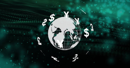 Image of globe with currency symbols over light spots on black background. Finances, connections and digital interface concept digitally generated image.の写真素材