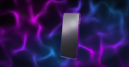 Image of smartphone over colourful shapes on black background. Communication, technology and digital interface concept digitally generated image.の写真素材