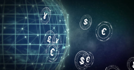 Image of globe of connections with currency symbols over spots on black background. Finances, connections and digital interface concept digitally generated image.の写真素材