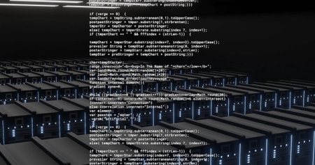 Image of text data processing over banks of flashing computer servers in dark server room....