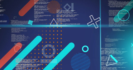 Image of moving shapes and blue scanner beams over data processing on blue background. Connection,...